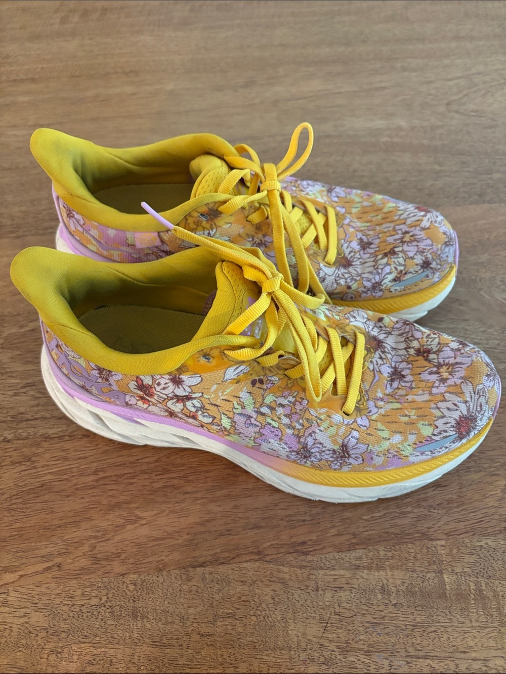 Free People Movement Hoka Women's Yellow Floral Athletic Shoes with Pink Accents